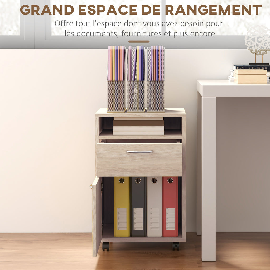 Caisson de bureau à roulettes avec tiroir placard et niche pour documents et dossier suspendu 40 x 35 x 60 cm chêne-3