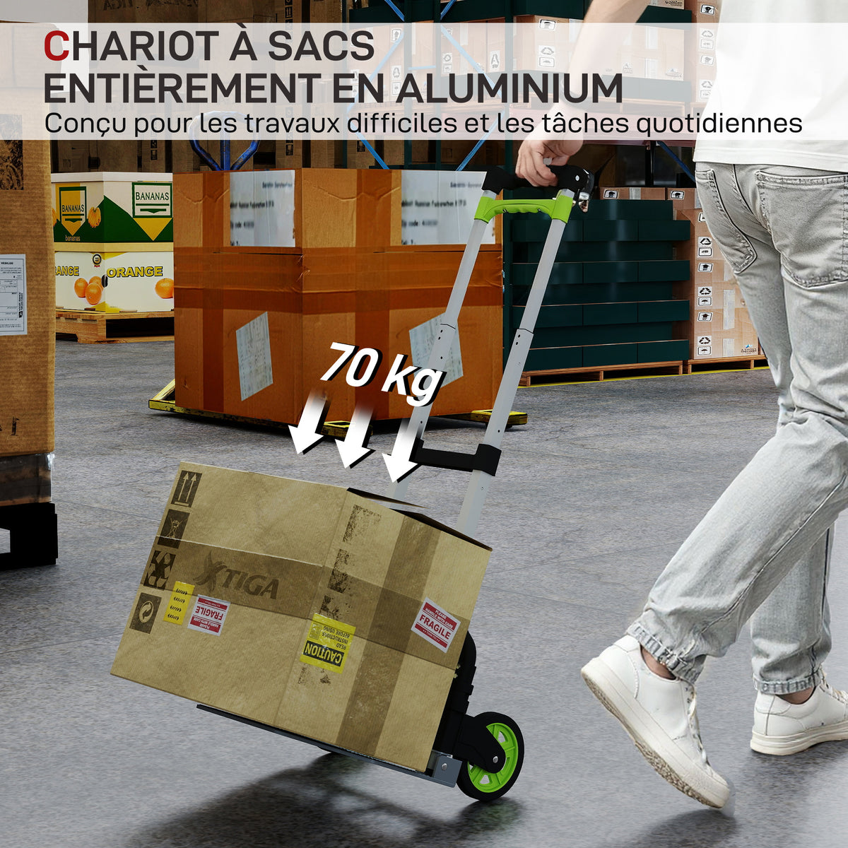 Diable Pliable en Aluminium avec 100 cm Poignée Télescopique, pour Entrepôt, Aéroport, 38,5x41x100cm, Vert-3