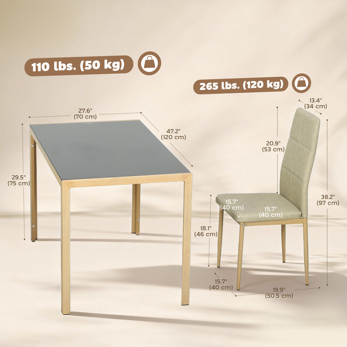 Ensemble Table à Manger avec 4 Chaises en Cuir Synthétique, Plateau Rectangulaire en Verre Trempé, 120x70x75cm, Naturel-2