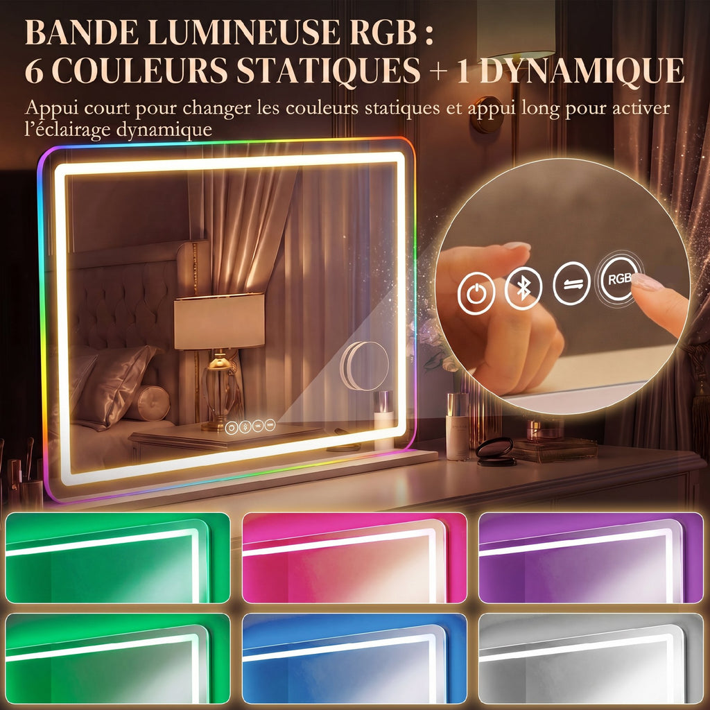 Miroir maquillage lumineux 80x60cm, miroir coiffeuse LED dimmable, lumière RGB, 3 températures de couleur, blanc-5