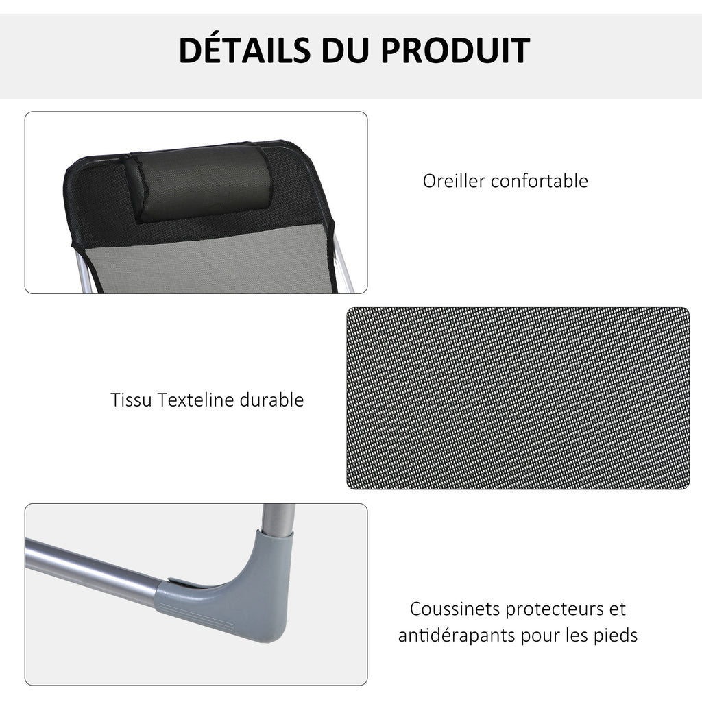 Bain de soleil transat chaise longue inclinable pliable avec oreiller dossier réglable sur 5 niveaux noir-4