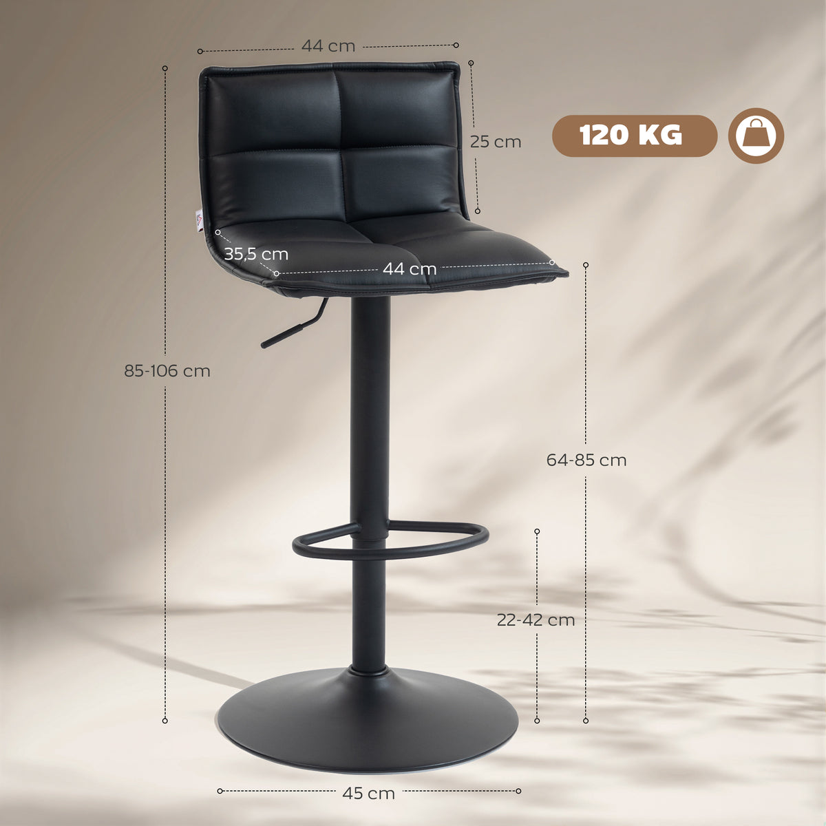 Lot de 2 tabourets de bar, chaises de bar réglable en hauteur avec assise pivotant en PU 44 x 45 x 85-106 cm noir-2