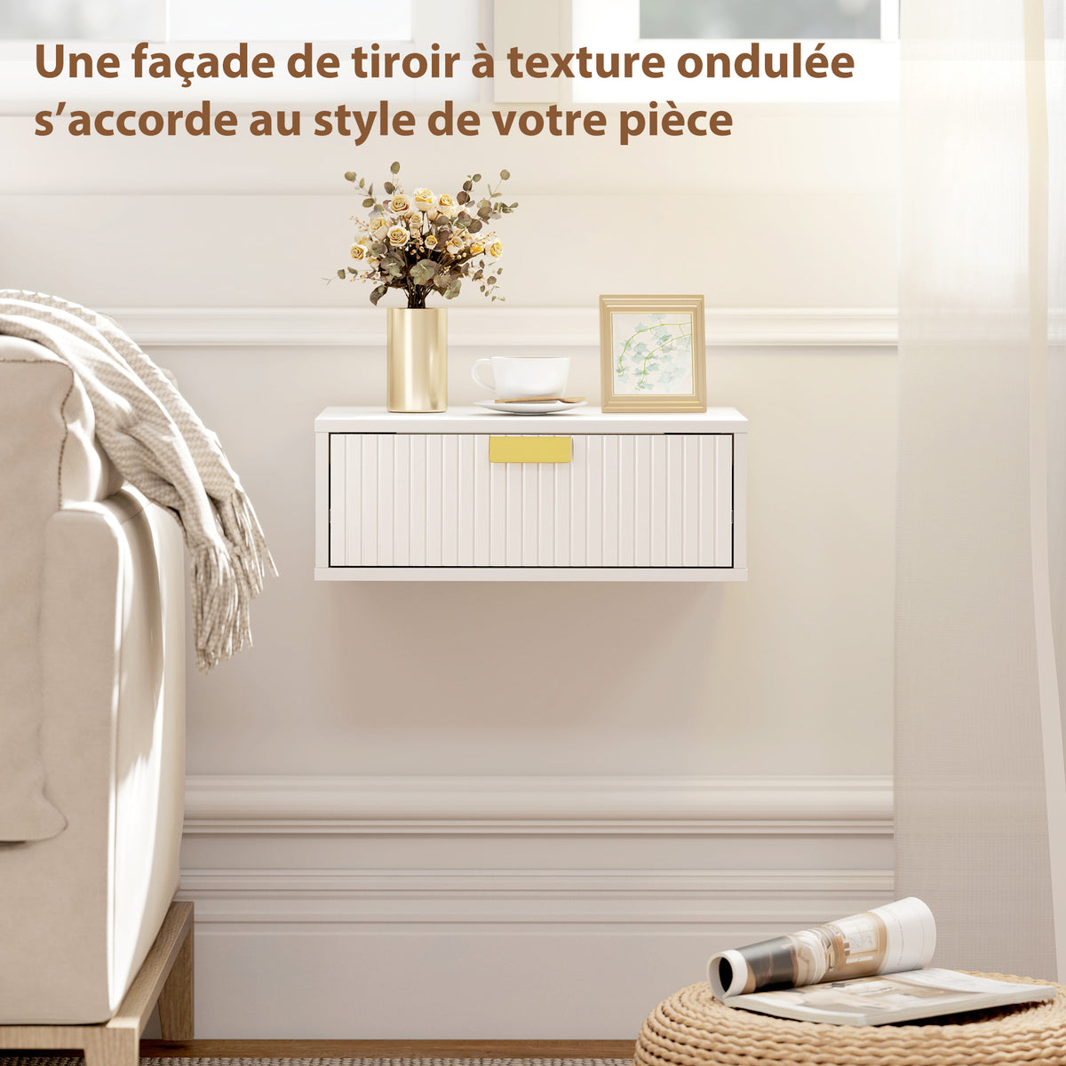 Lot de 2 tables de chevet murales, tables de nuit suspendues avec tiroir ondulé, 40 x 30 x 15 cm, blanc-6