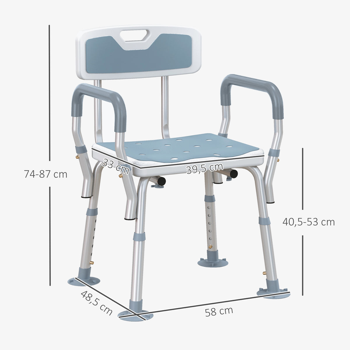 Tabouret de douche chaise de douche ergonomique hauteur réglable pieds antidérapants 56,5 x 53,5 x 87 cm blanc et bleu-2