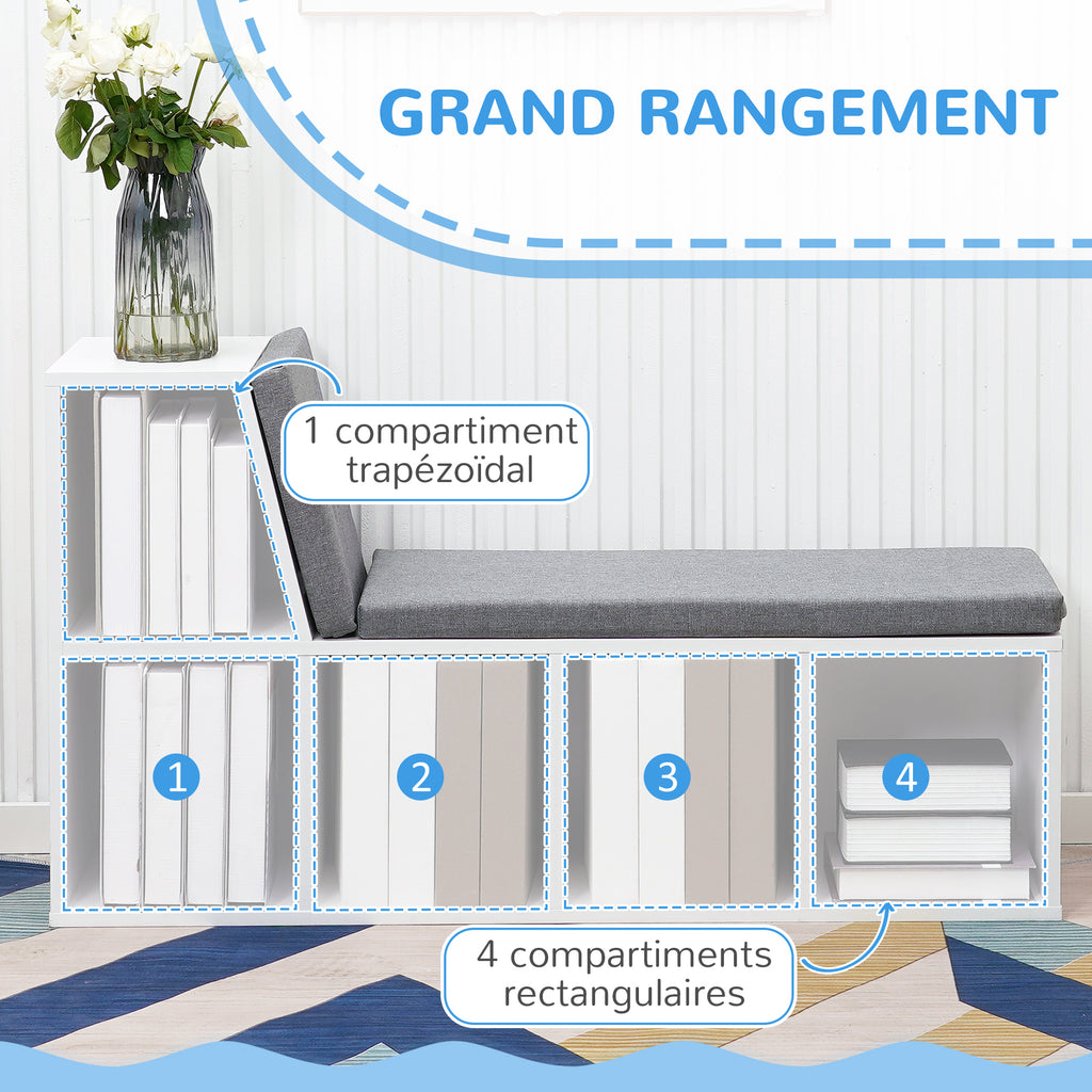 Bibliothèque banc 2 en 1 avec 5 compartiments de rangement et 2 coussins 108 x 30 x 60 cm blanc gris-4