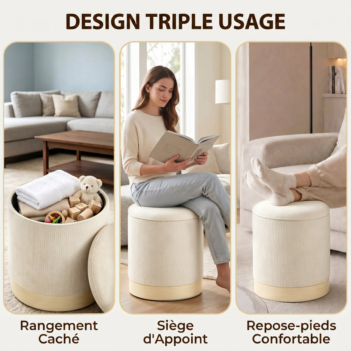 Pouf coffre rangement, tabouret rond en chenille, pouf repose-pieds avec base en métal effet bois, beige-3