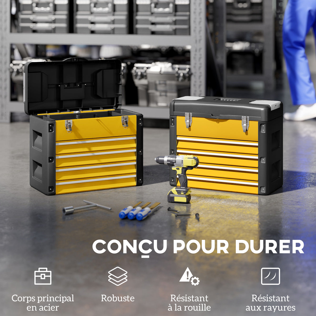 Boîte à outils à 4 tiroirs, caisse à outils en acier thermolaqué avec plateau amovible, 49,7x25,3x40,7cm, jaune-4