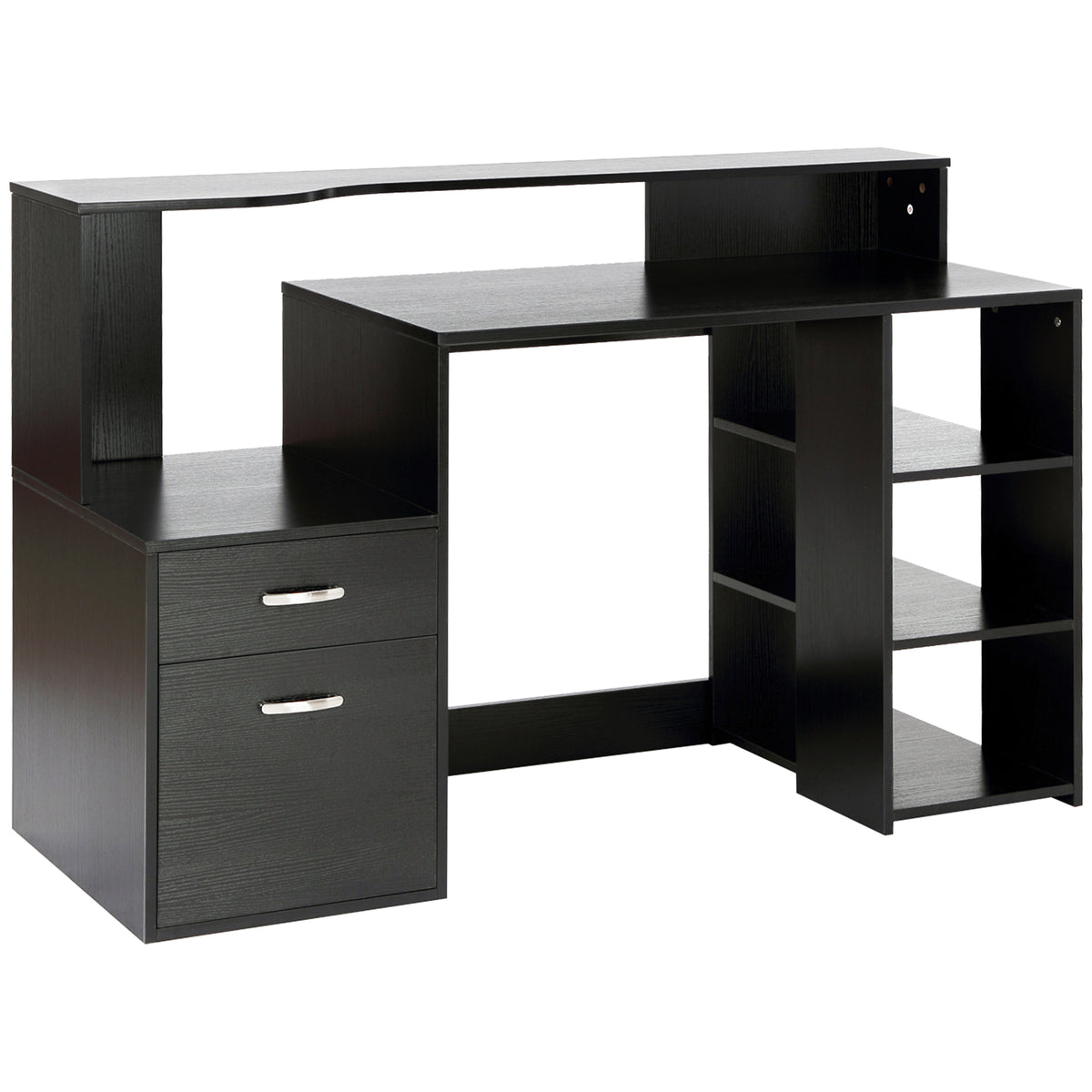 Bureau informatique avec 2 tiroirs, bureau avec rangement, 137 x 55 x 92 cm, étagères ouvertes et tablette d'imprimante, style moderne, table d'ordinateur pour chambre, studio, noir-0