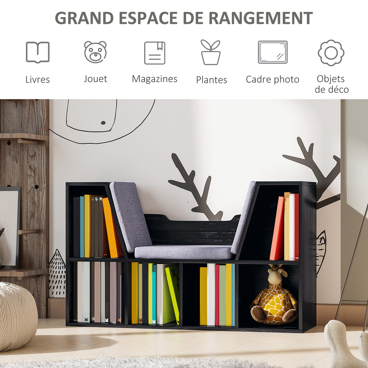 Bibliothèque banc 2 en 1 avec coussins de siège, étagère cube 6 compartiments ouverts et 2 niveaux, meuble de rangement pour salon, chambre à coucher, bureau, 102 x 30 x 61 cm, noir-3
