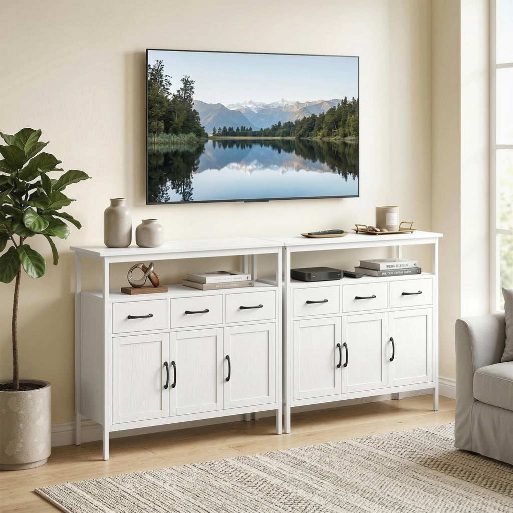 Buffet cuisine, meuble de rangement, 3 portes, 3 tiroirs, compartiment ouvert et étagères réglables, 95x35x88cm, blanc-7