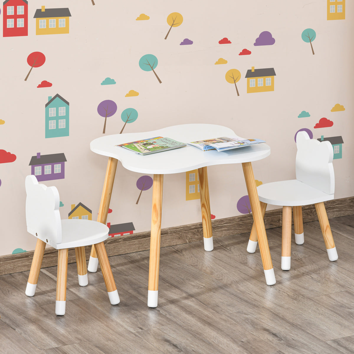 Ensemble table et chaises enfant design scandinave motif ourson bois pin MDF blanc-7