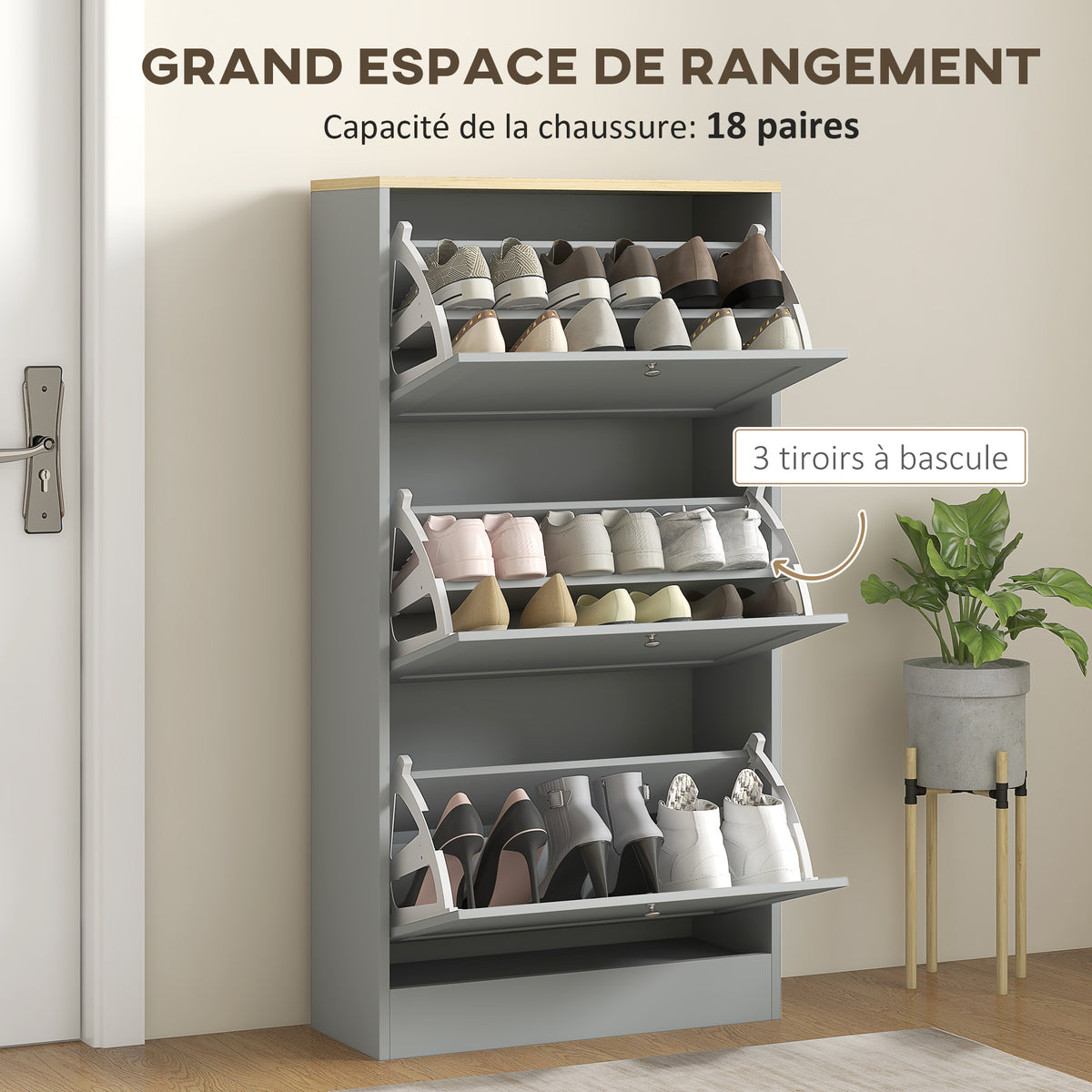 Meuble à chaussures 18 paires, armoire à chaussures avec 3 tiroirs rabattables, étagères réglables, 60x23,5x115cm, gris-3
