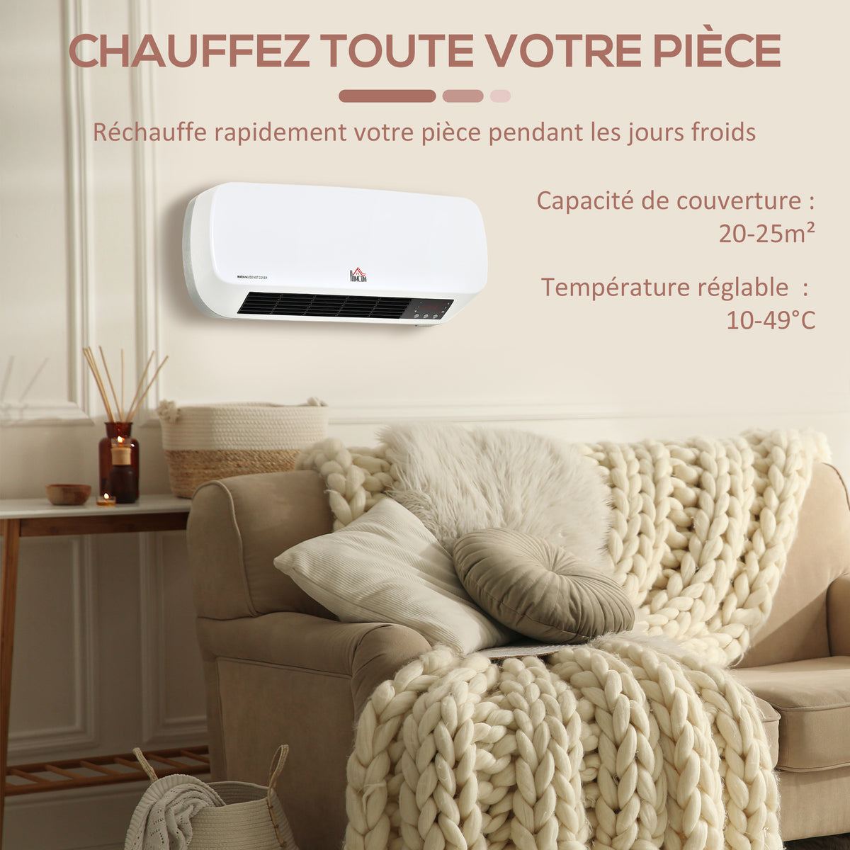 Radiateur mural soufflant 2000 W - chauffage céramique PTC - 3 niveaux de puissance - télécommande incluse blanc noir-5