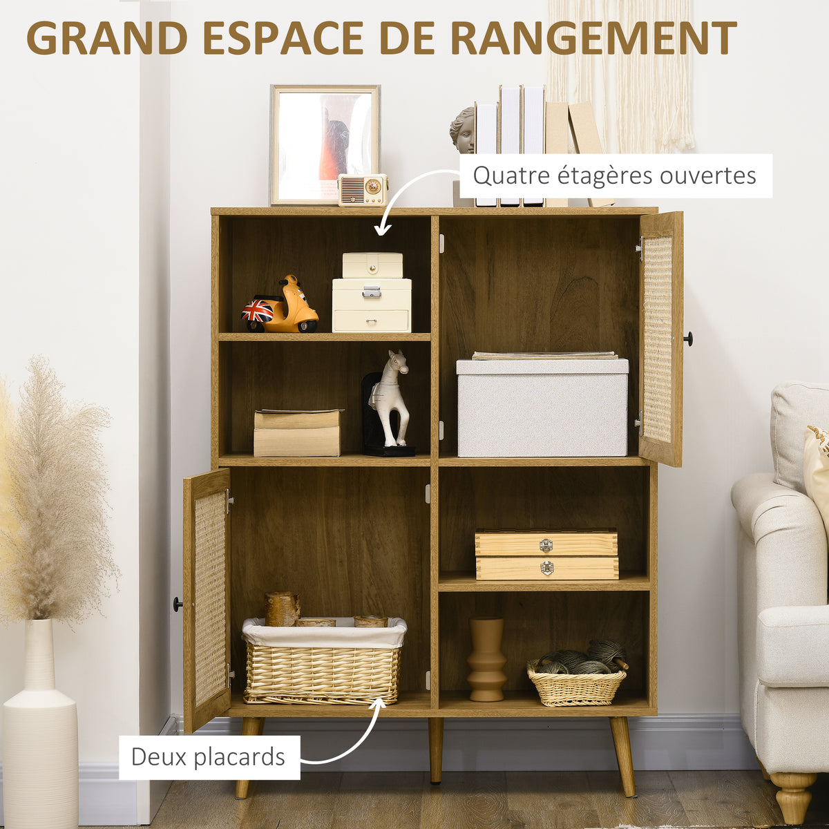 Buffet meuble de rangement armoire haut aspect bois et cannage design 2 portes - dim. 90L x 32,5l x 120H cm-3