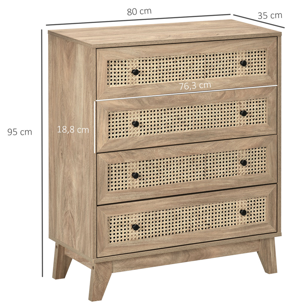 Commode 4 tiroirs meuble de rangement cannage en rotin aspect bois clair 80 x 35 x 95 cm-2