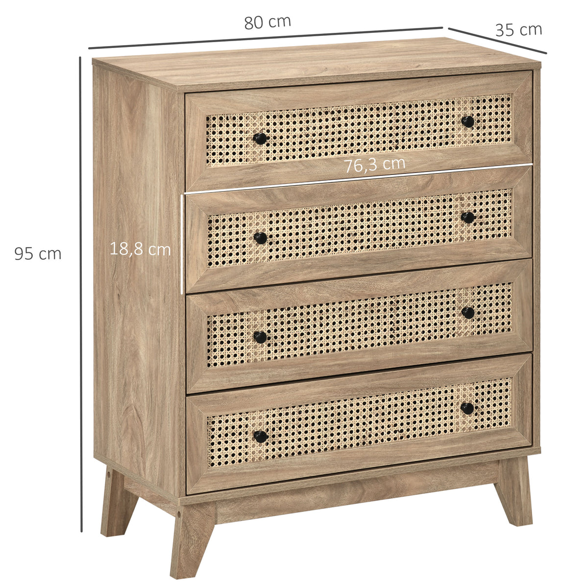 Commode 4 tiroirs meuble de rangement cannage en rotin aspect bois clair 80 x 35 x 95 cm-2