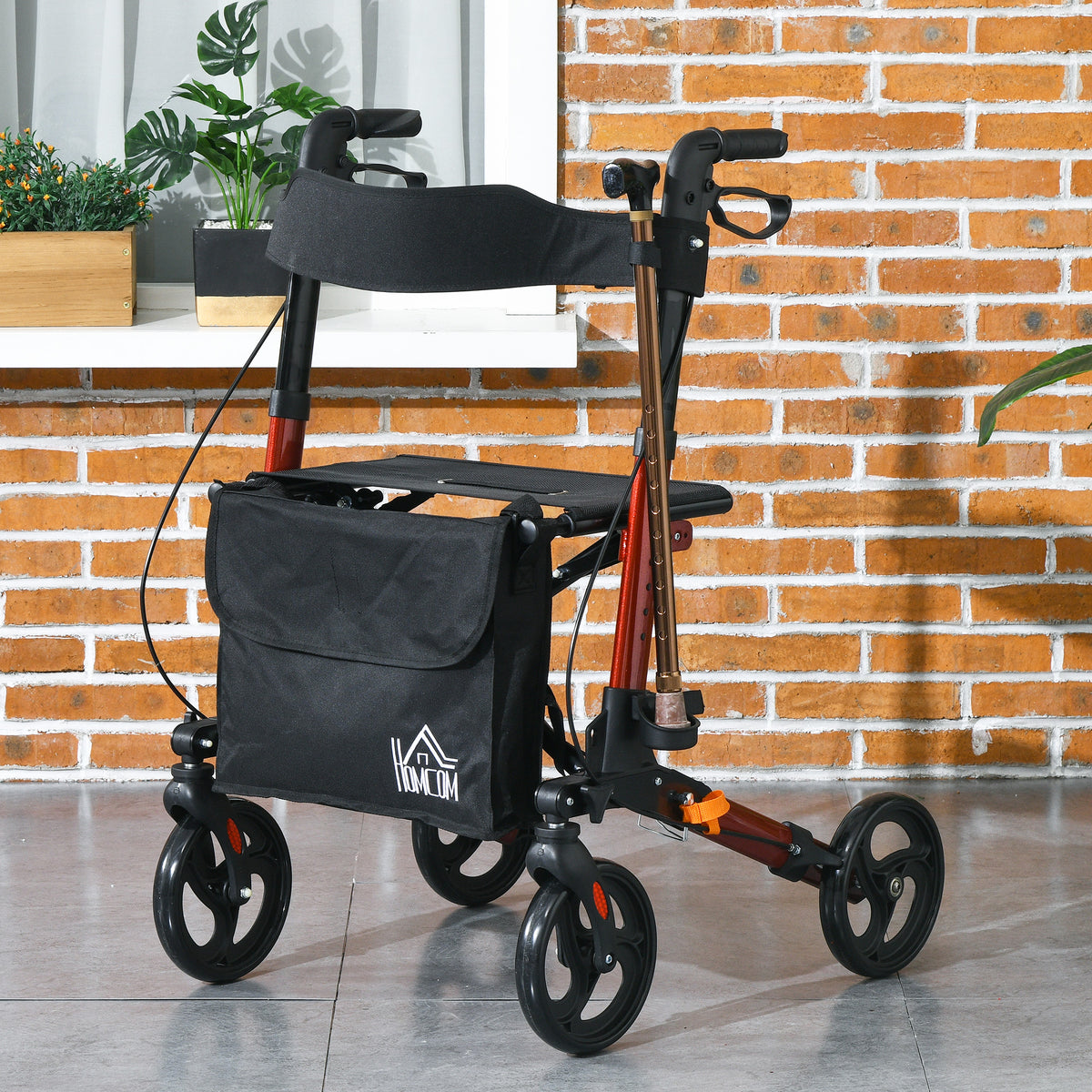 Déambulateur 4 Roues Pliable en Aluminium, Hauteur Réglable 6 Positions, Freins Doubles, Rangement, 64x67x92cm, Rouge-9