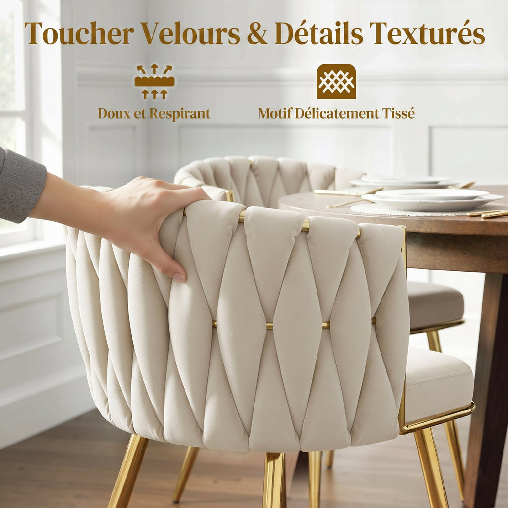 Lot de 2 chaises de salle à manger, chaises de cuisine rembourrées en velours avec dossier tressé et accoudoirs, crème-5