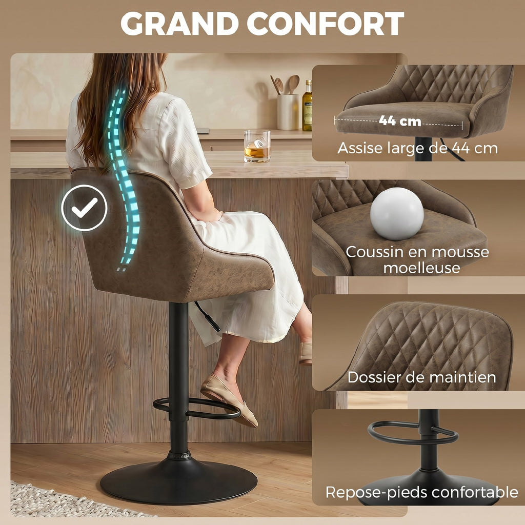 Lot de 2 Tabourets de Bar, Tabourets Hauts Cuisine avec Siège Pivotant et Hauteur Réglable, Marron Foncé-3