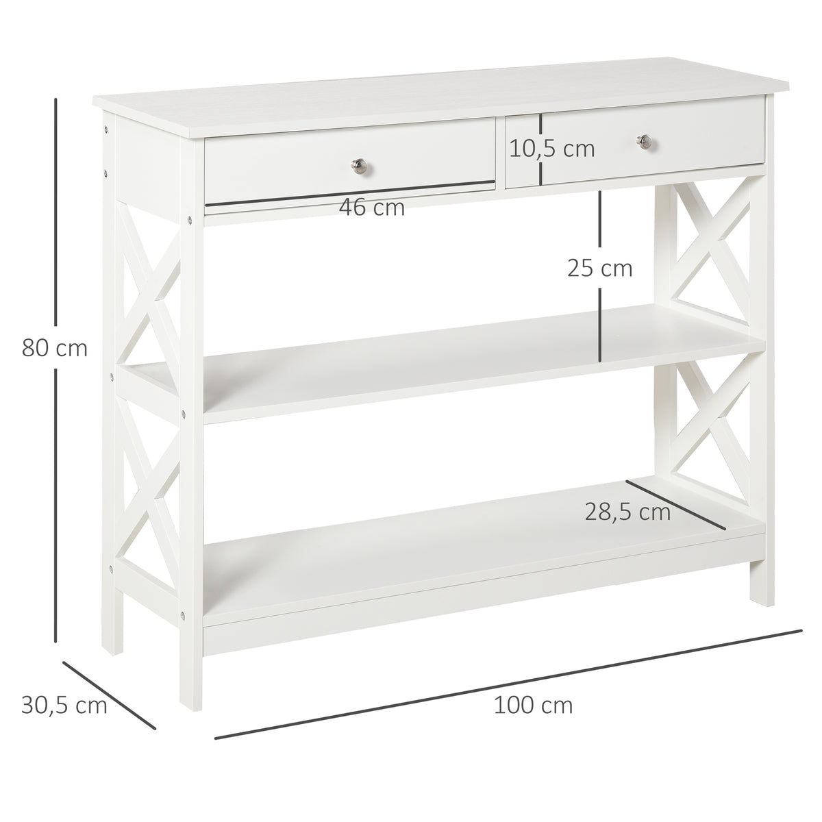 Table de console table d'entrée style table de drapier néo-rétro 2 tiroirs 2 étagères dim. 100L x 30,5l x 80H cm en bois blanc-2