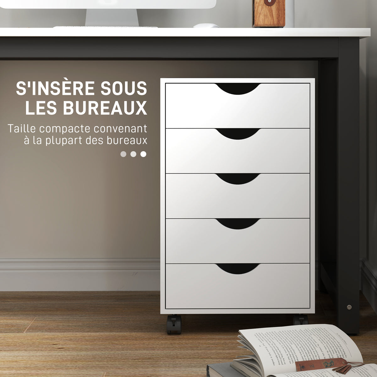 Caisson bureau mobile, meuble rangement sur roulettes avec 5 tiroirs, bois, 40 x 40 x 67 cm, blanc-5