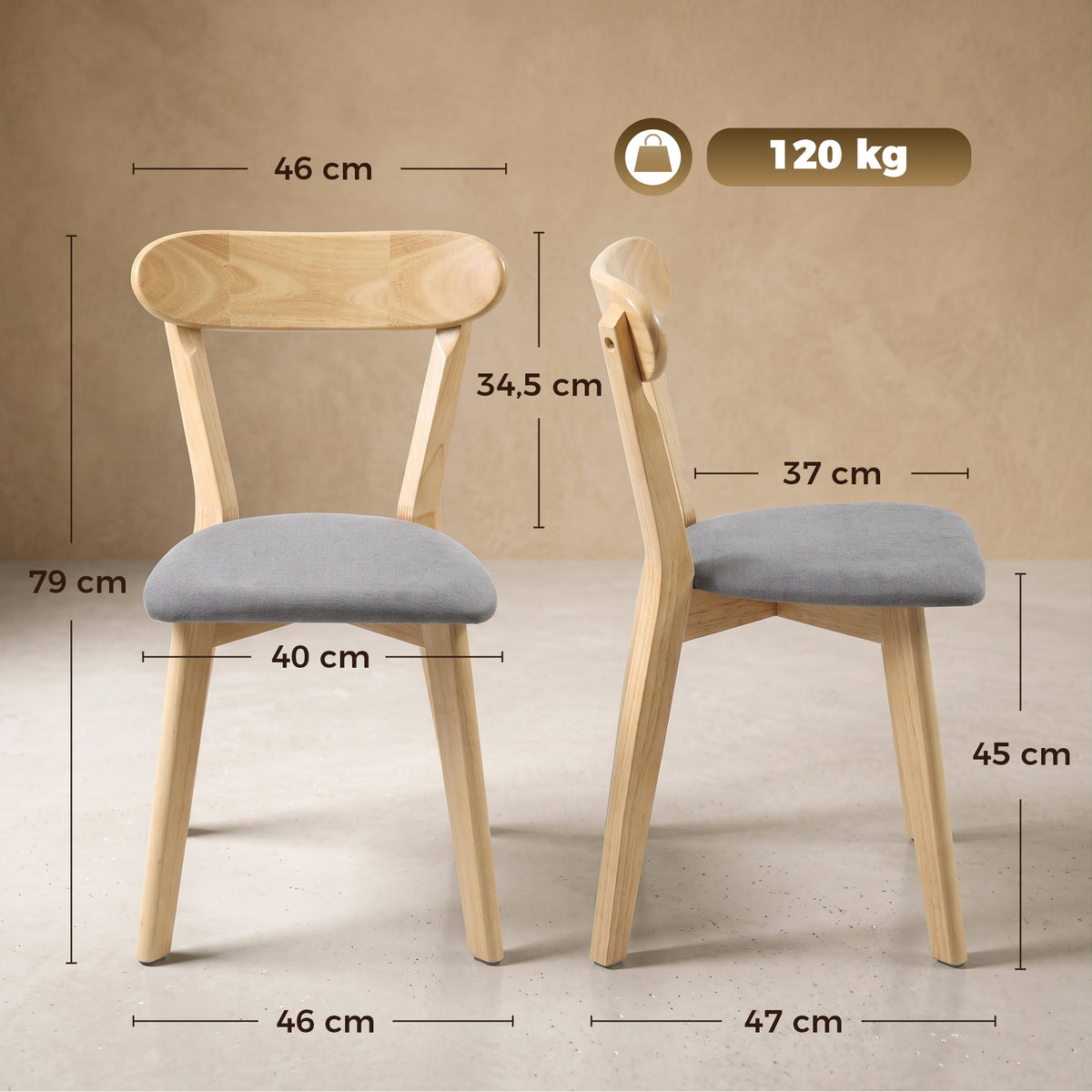 Lot de 4 Chaises de Salle à Manger, Chaises Cuisine, Assise Rembourrées en Lin, Dossier Incurvé, Gris et Bois Naturel-2