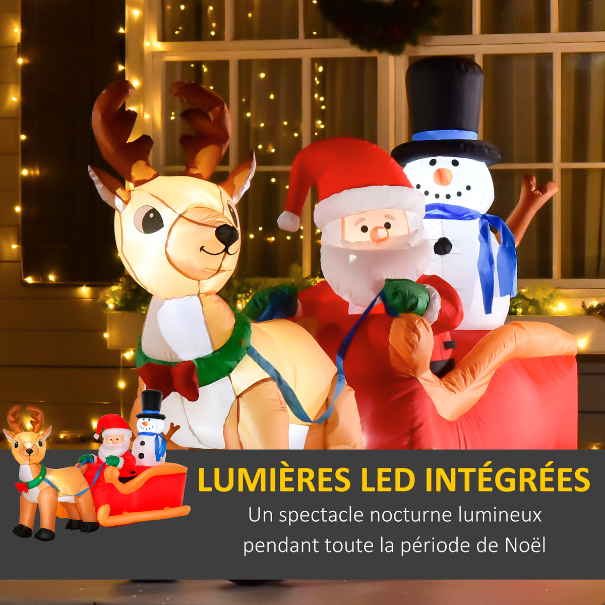 Père Noël gonflable avec traîneau et rennes 200 cm 5 lumières LED décoration de Noël intérieure et extérieure rouge-3
