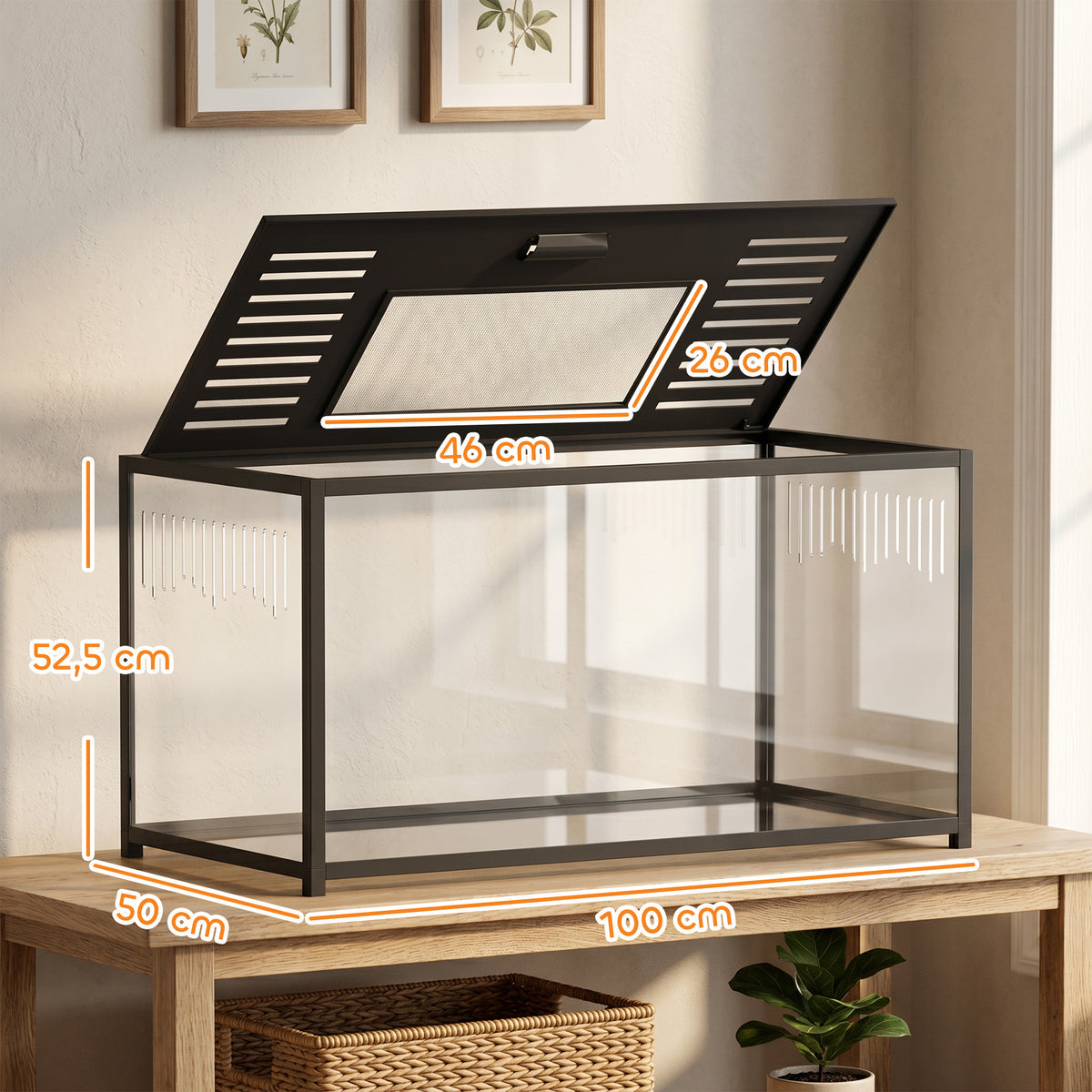 Cage Hamster Habitat Rongeur Vue Panoramique 360° Structure Robuste en Métal Espace Étanche Profond 100x50x52,5 cm Noir-2