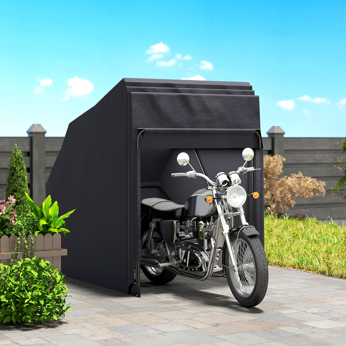 Abri de moto extérieur tente à moto housse de protection en tissu Oxford, 2 fenêtres, 345 x 135 x 191 cm, noir-1