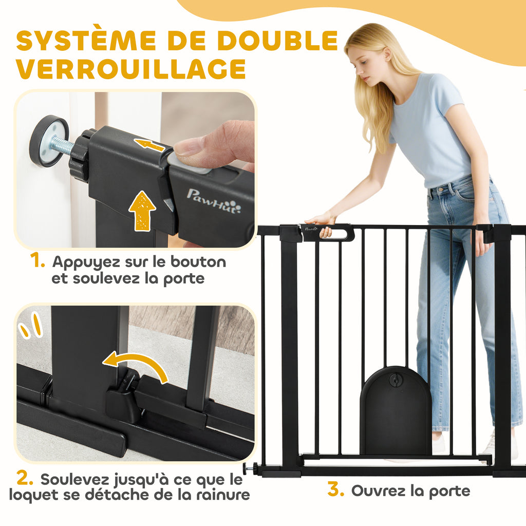 Barrière de sécurité animaux avec porte fermeture automatique système de double verrouillage, acier noir-3
