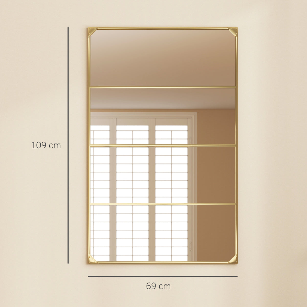 Miroir mural verrière rectangulaire style industriel, horizontal ou vertical avec 4 crochets, en métal doré 109 x 69 cm-2