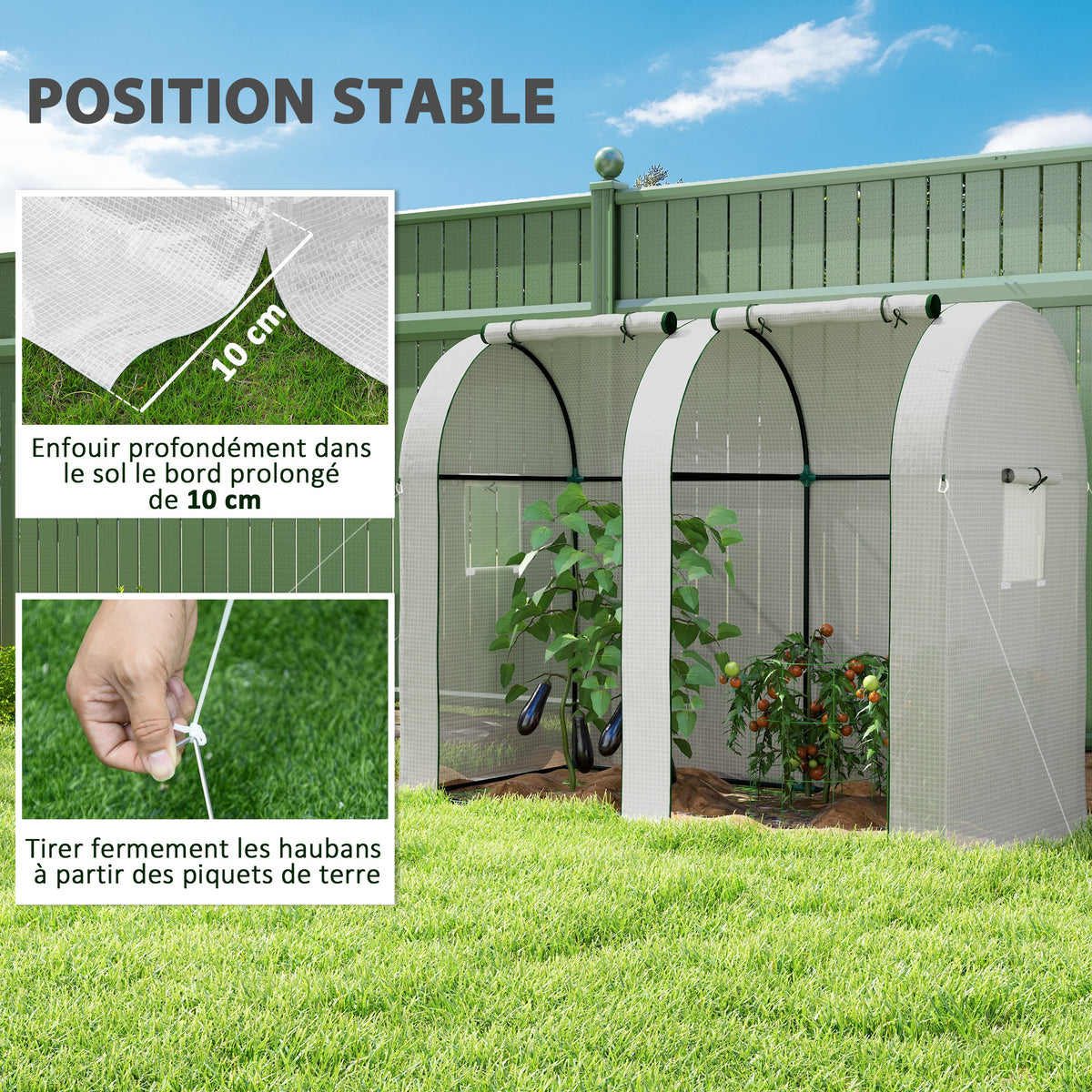 Serre de jardin 1,8 m² serre à tomates 2 portes zippées déroulantes 4 fenêtres enroulables acier PE 135 g/m² blanc-6