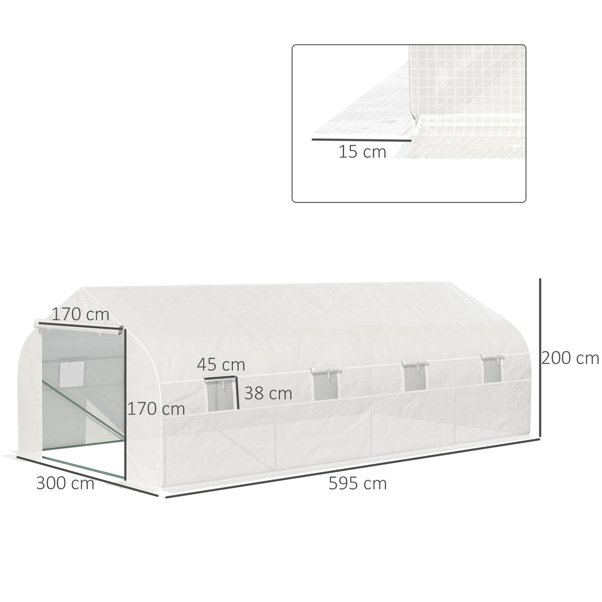 Serre Tunnel de Jardin 18 m² dim. 5,95L x 3l x 2H m Porte + 8 fenêtres enroulables Acier galvanisé bâche PE Haute densité Blanc-2