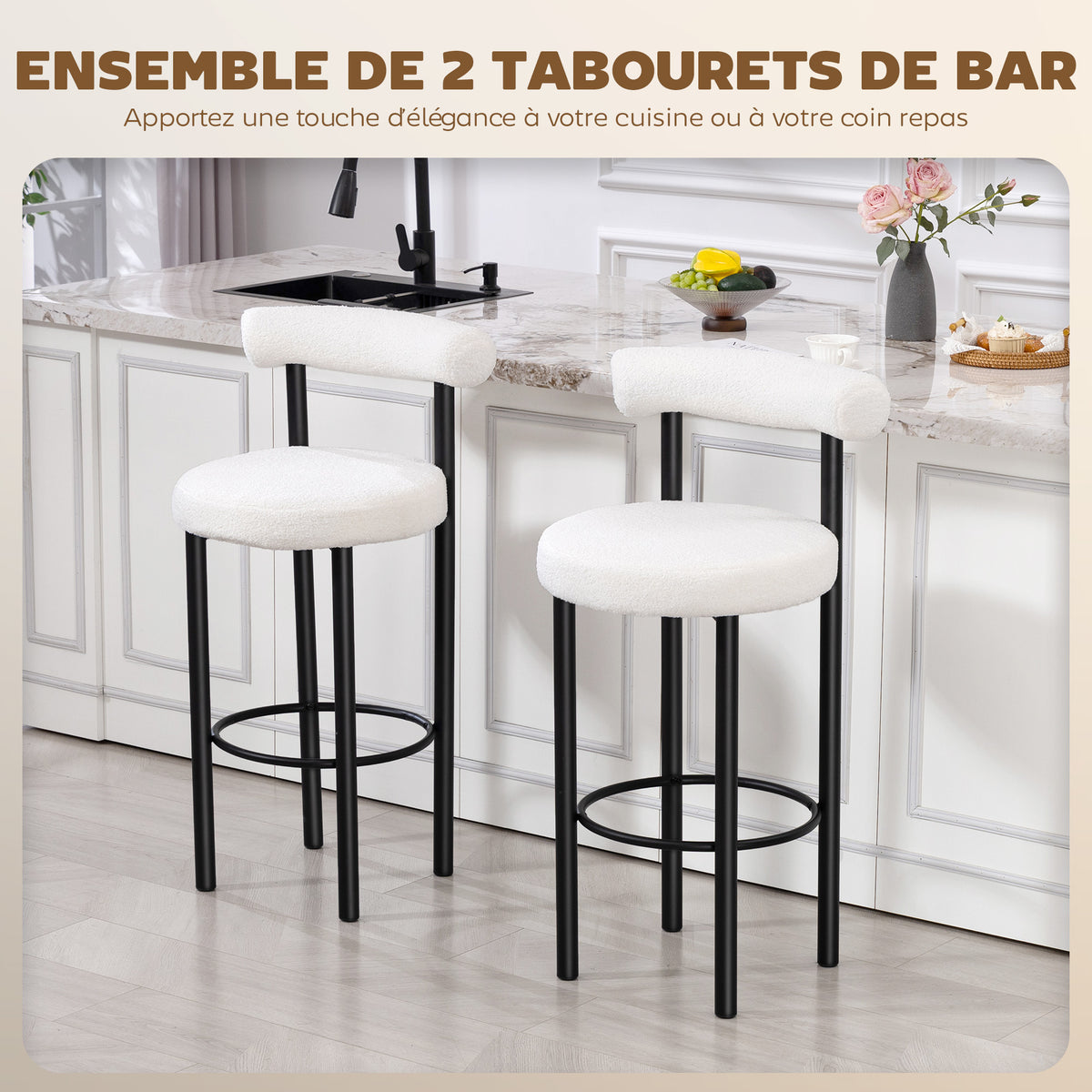 Lot de 2 tabourets de bar, chaises de bar en tissu bouclette avec dossier incurvé, repose-pieds, 50x52,5x98cm, blanc-3