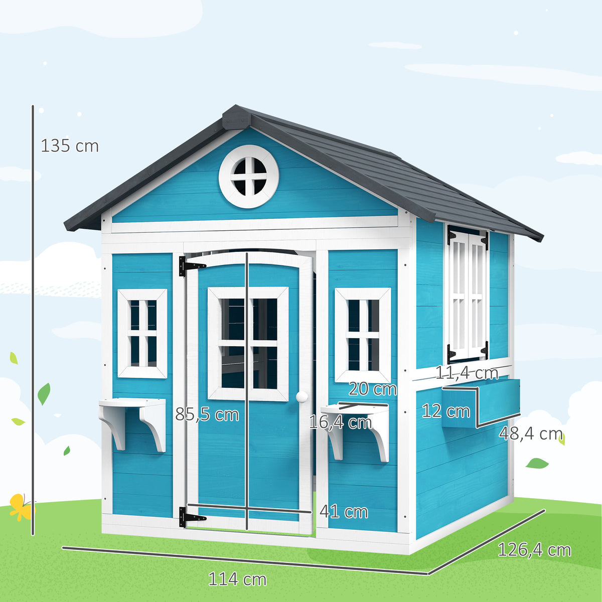 Cabane enfant extérieur maison enfant extérieure avec porte fenêtres et jardinières 114 x 126,4 x 135 cm bleu-2