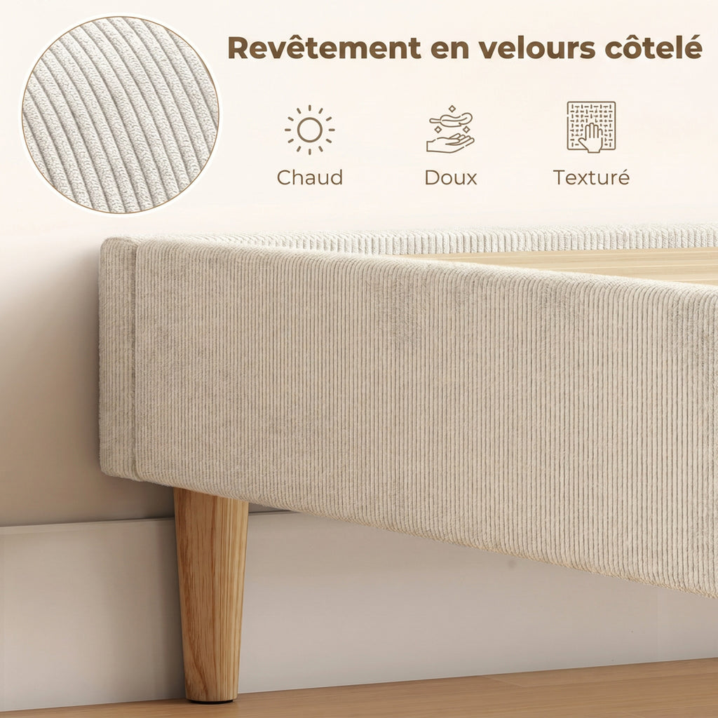 Cadre de Lit 140 x 190 cm avec Sommier, Lit Double Rembourré en Velours Côtelé, Espace de Rangement Au-Dessous, Crème-3