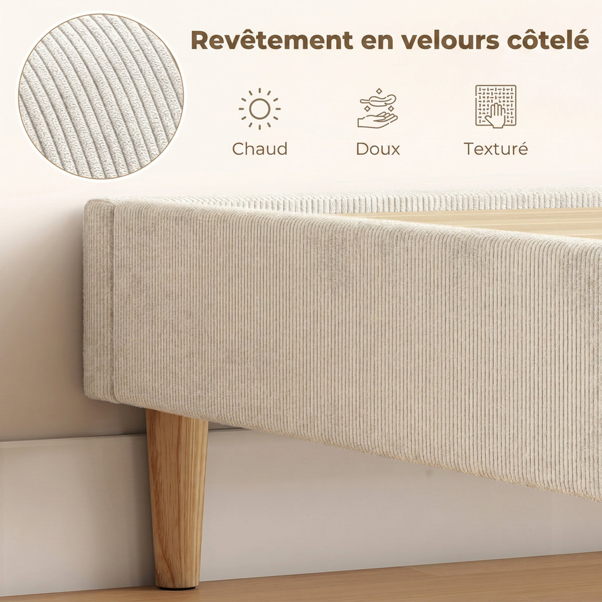 Cadre de Lit 140 x 190 cm avec Sommier, Lit Double Rembourré en Velours Côtelé, Espace de Rangement Au-Dessous, Crème-3