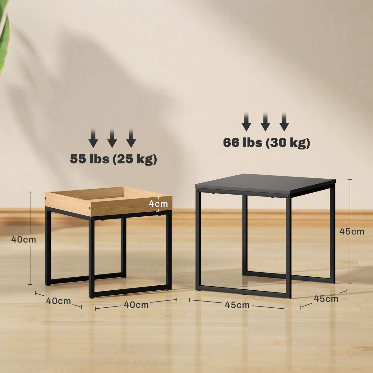 Lot de 2 tables basses gigognes carrées, tables gigognes de salon avec cadre en acier, style moderne, noir-2