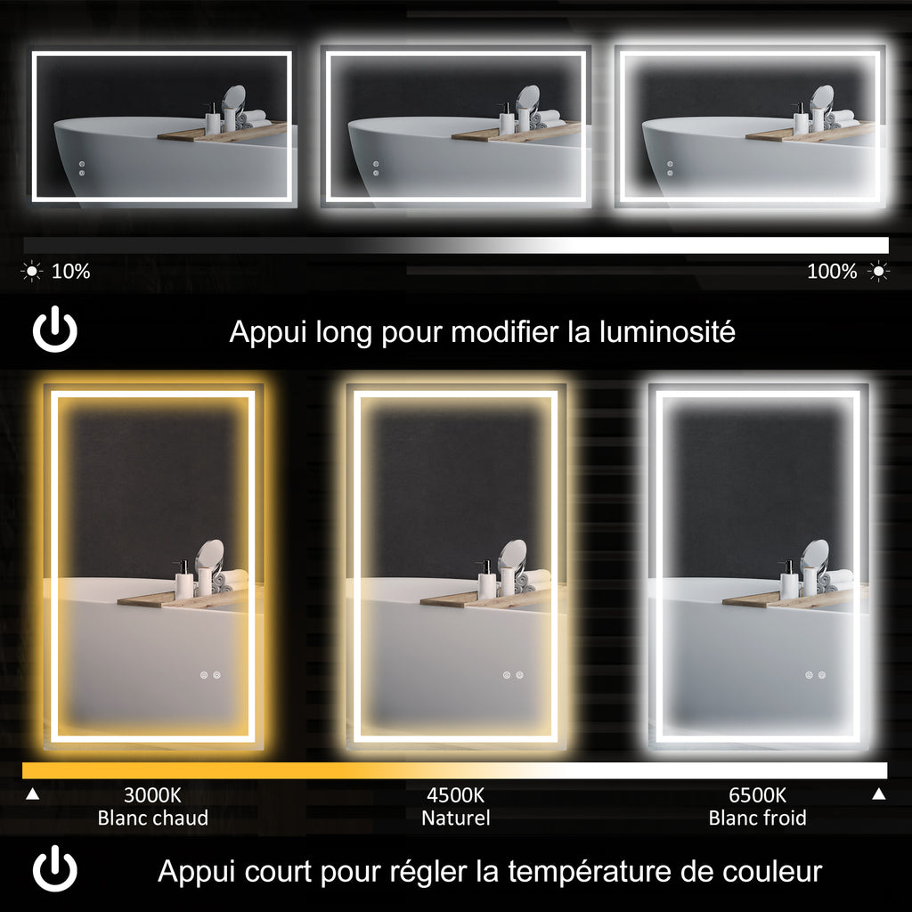 Miroir salle de bain éclairage LED miroir lumineux salle de bain mural interrupteur tactile lumière 3 couleurs 100 x 60 cm-3