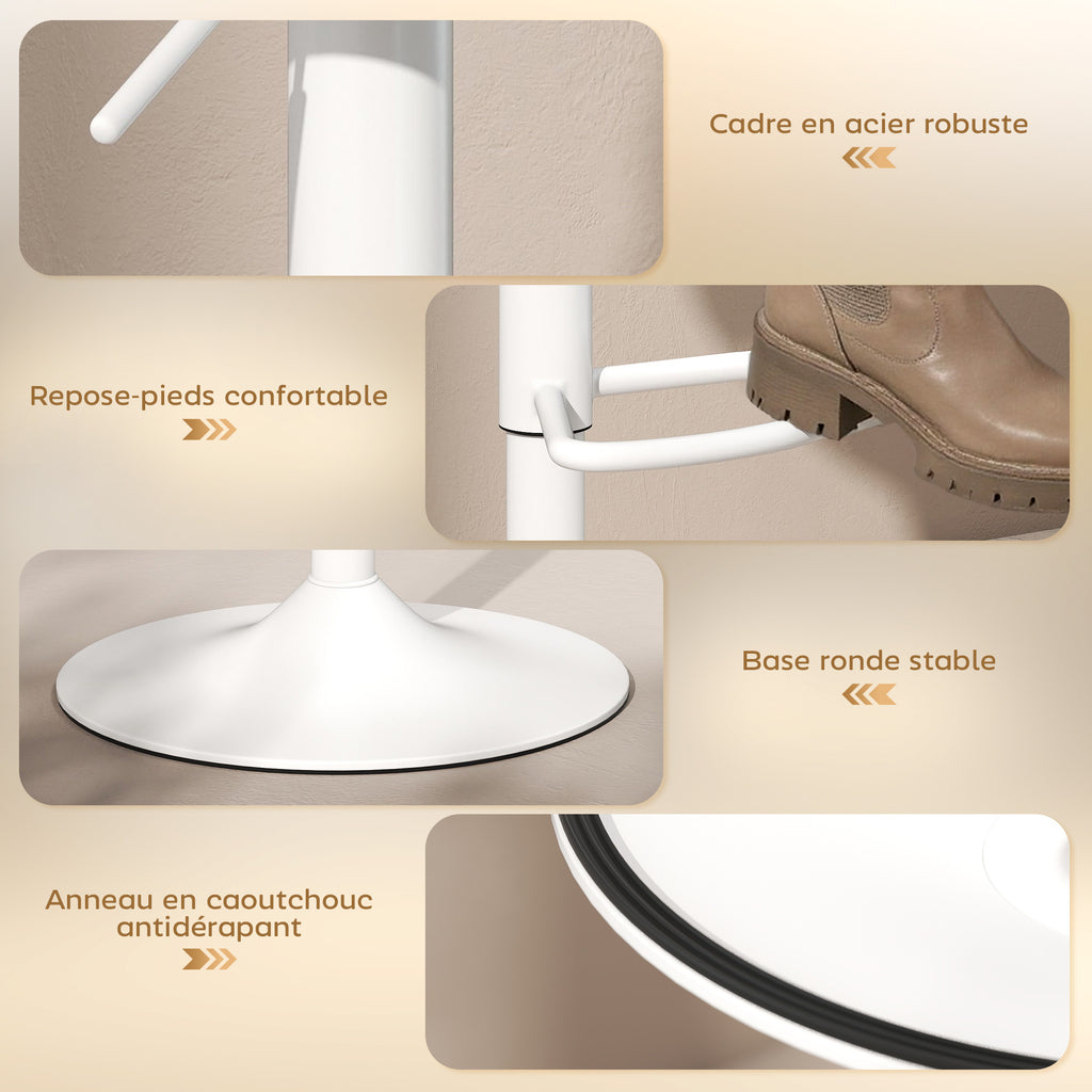 Lot de 2 tabourets de bar, chaises de bar pivotantes avec assise en hévéa, hauteur réglable et repose-pieds, blanc-6