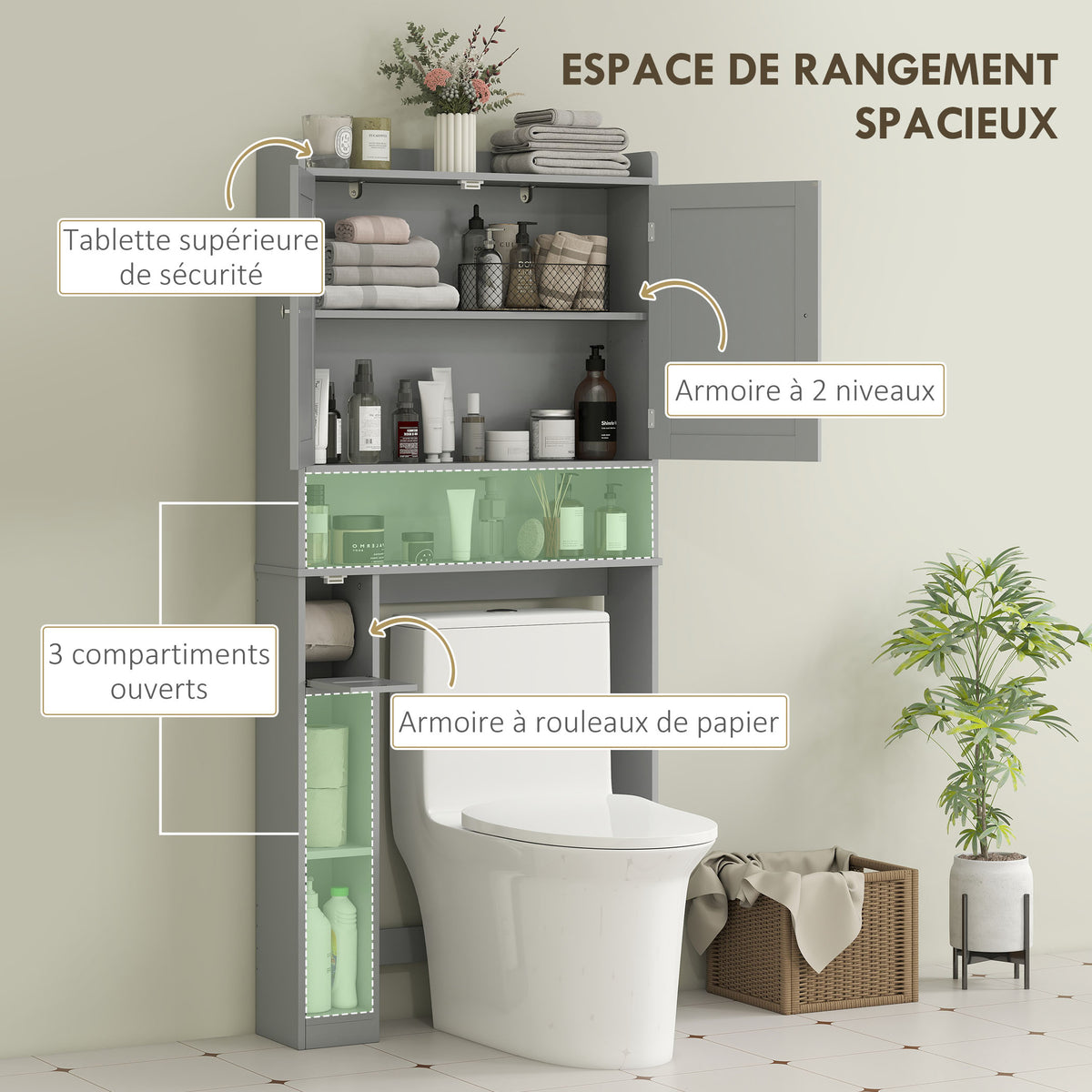 Meuble WC dessus de toilette ou machine à laver, 2 portes, 3 compartiments, porte-papier toilette, 80x19,5x170cm, gris-3