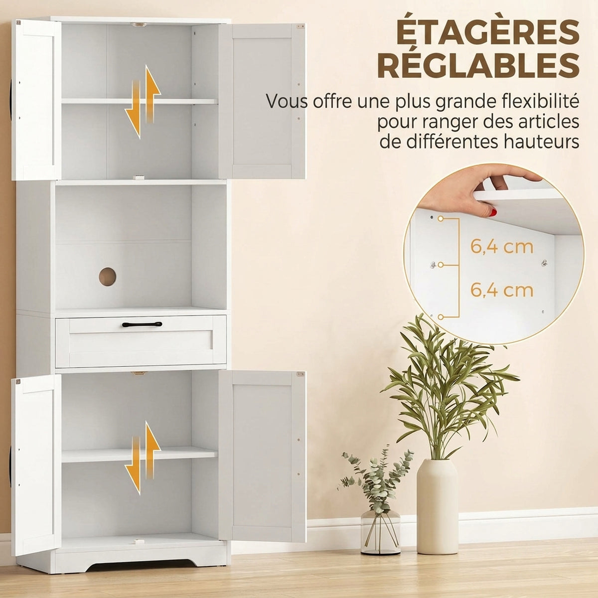 Buffet Haut Cuisine, Armoire Cuisine, 4 Portes à Fermeture Douce, Tiroir, Compartiment Ouvert, Étagères Réglables, Blanc-4