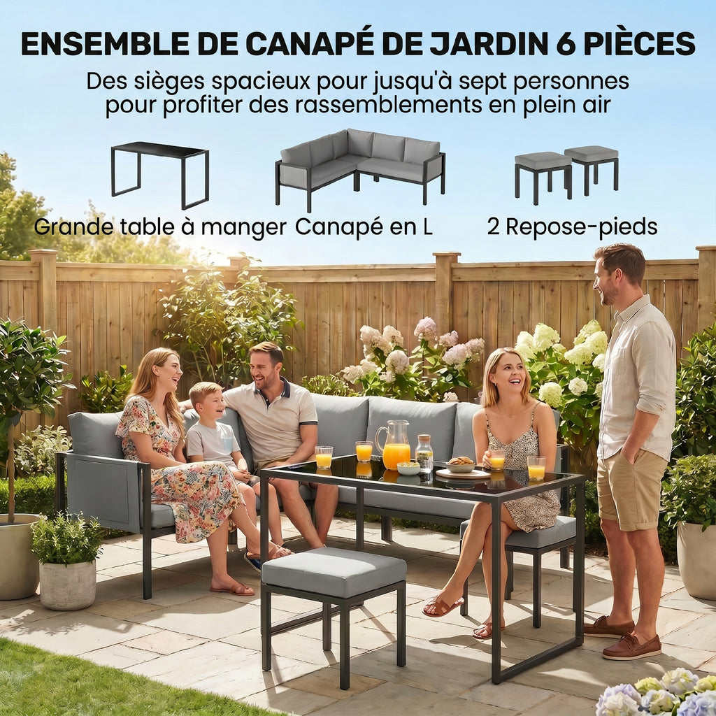 Salon de Jardin Canapé d'Angle Extérieur 6 Pièces Coussins 10cm Table Haute et 2 Repose-pieds Gris-3