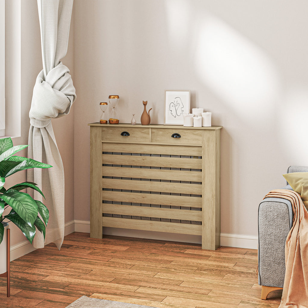 Couvercle de radiateur cache radiateur grille à lattes horizontales avec 2 tiroirs en bois 111l x 19P x 95,5H cm chêne-9
