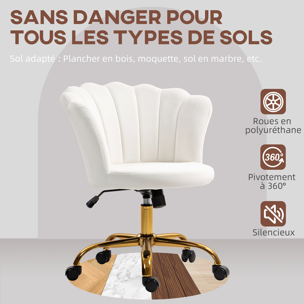 Chaise bureau en velours, chaise coiffeuse avec dossier en pétale, hauteur réglable, 69 x 64 x 80-90 cm, blanc-6