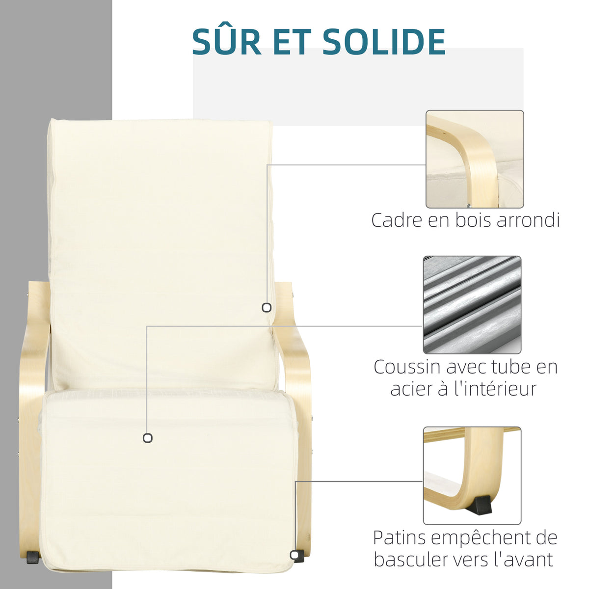 Fauteuil Relax Confort et Relaxation avec Repose-Pied réglable déhoussable 94 x 66,5 x 100 cm cm Bois Massif Crème-5