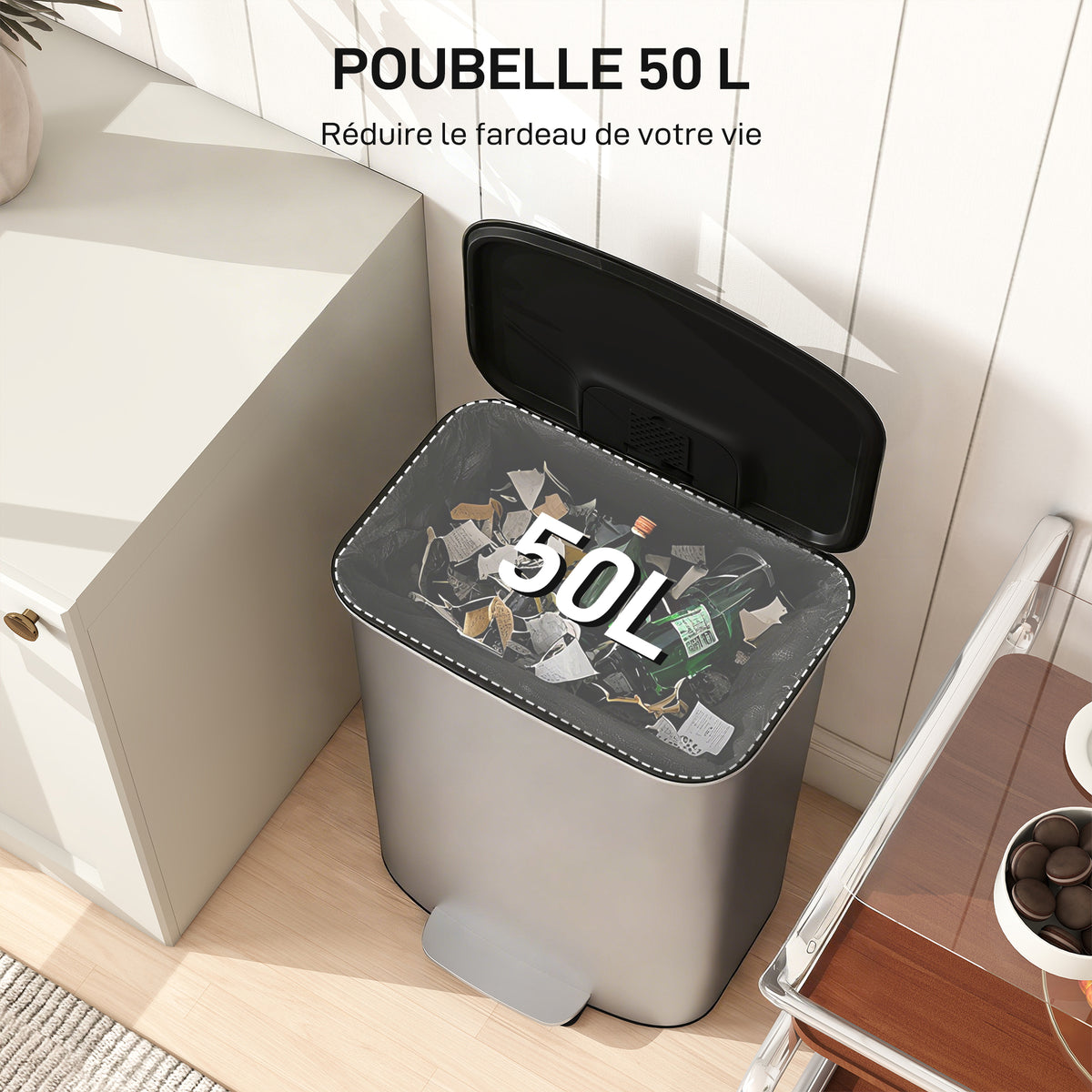 Poubelle cuisine 50L, poubelle à pédale, seau intérieur amovible, couvercle à fermeture douce, 45,1x36,5x62,6cm, gris-3