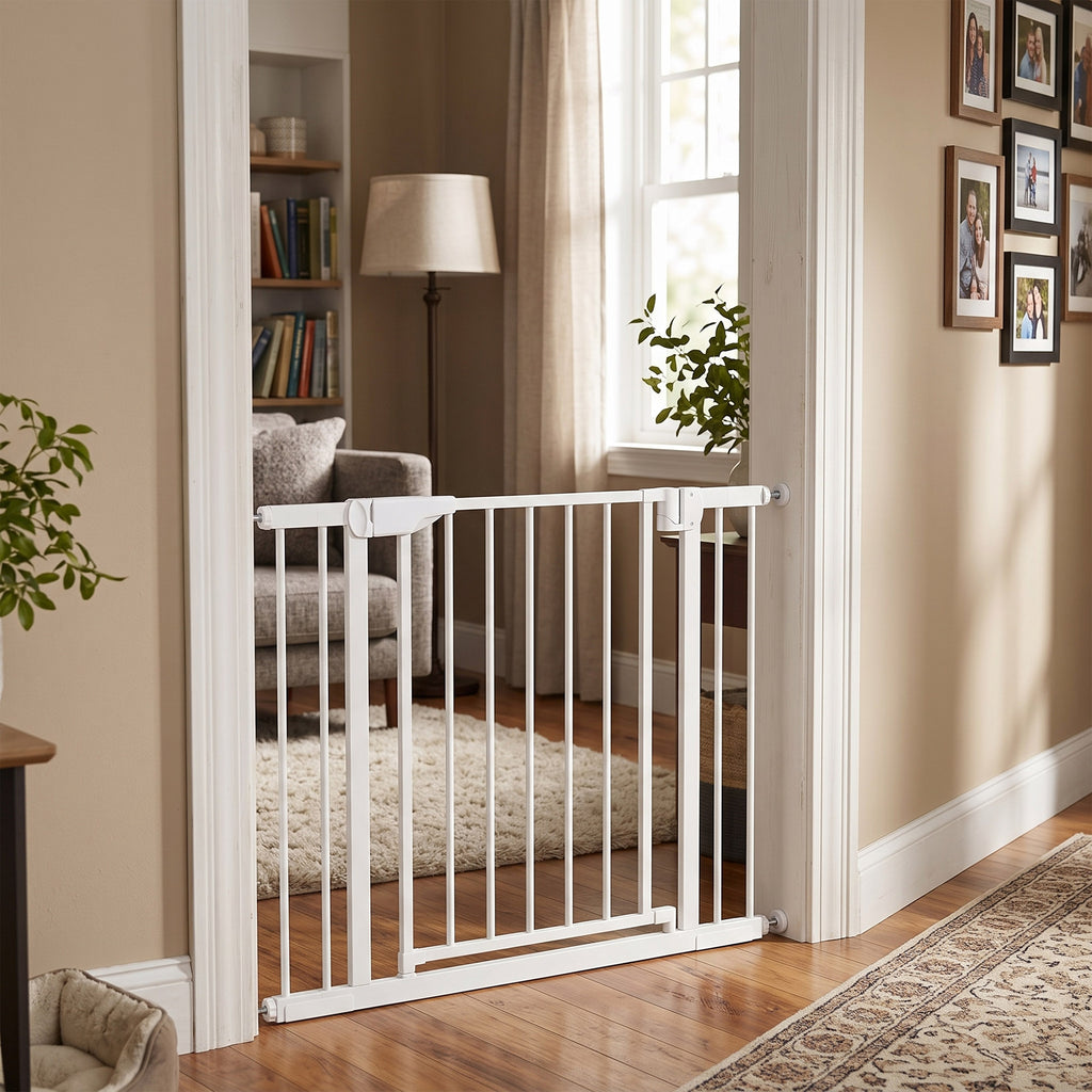 Barrière de sécurité pour chiens et bébés 76 à 102 cm avec extension fixation par pression sans perçage blanc-9