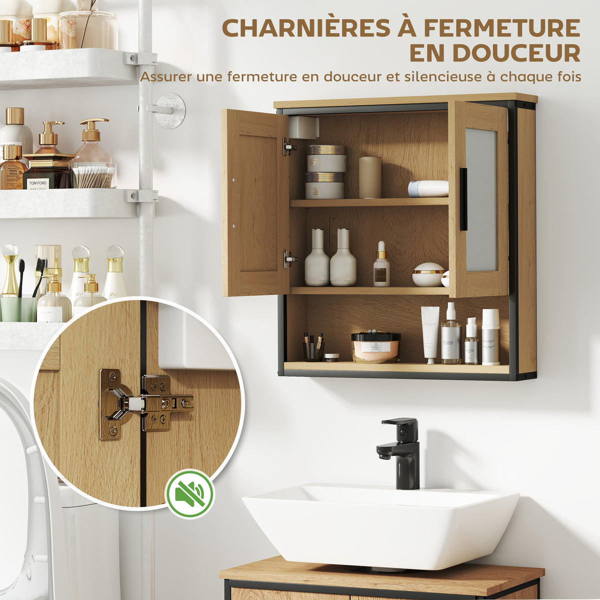 Armoire murale salle de bain avec miroir, meuble salle de bain avec compartiment ouvert et étagère réglable, chêne-4