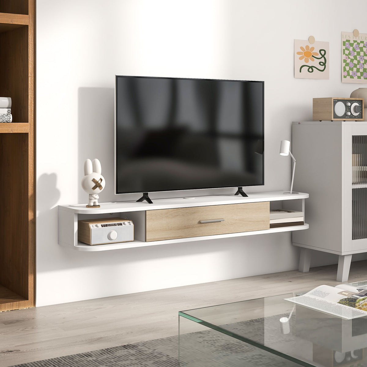 Meuble TV mural banc TV jusqu'à 50 pouces avec compartiments ouverts et armoire à porte rabattable blanc-9